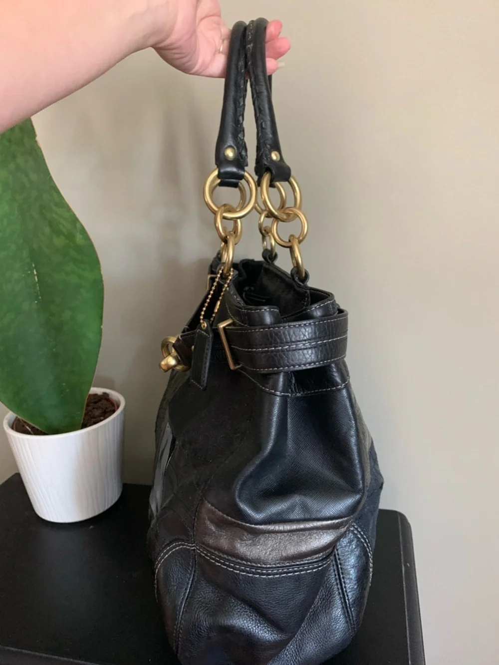 Coach Hamptons Patchwork Carryall Black Leather Gold Hardware Tote